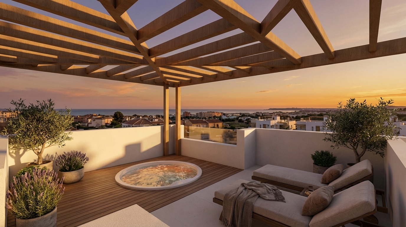 Rooftop con spa, cielo abierto y la costa al fondo.