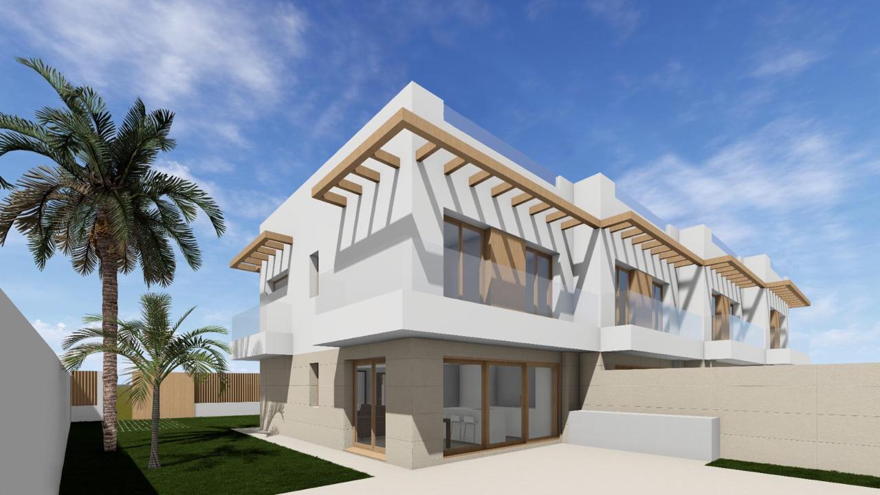 Bolt Resort Alcossebre — chalets adosados con pérgola de madera, jardín privado y arquitectura mediterránea contemporánea